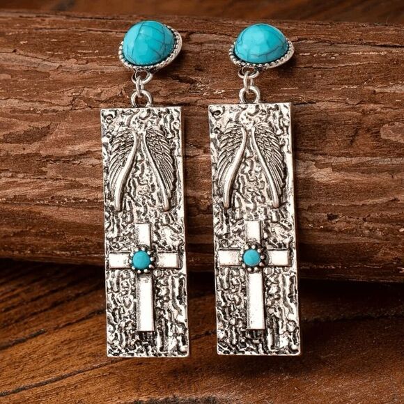 Western Boho Turquoise Cross Dangle Earrings - Picture 5 of 5